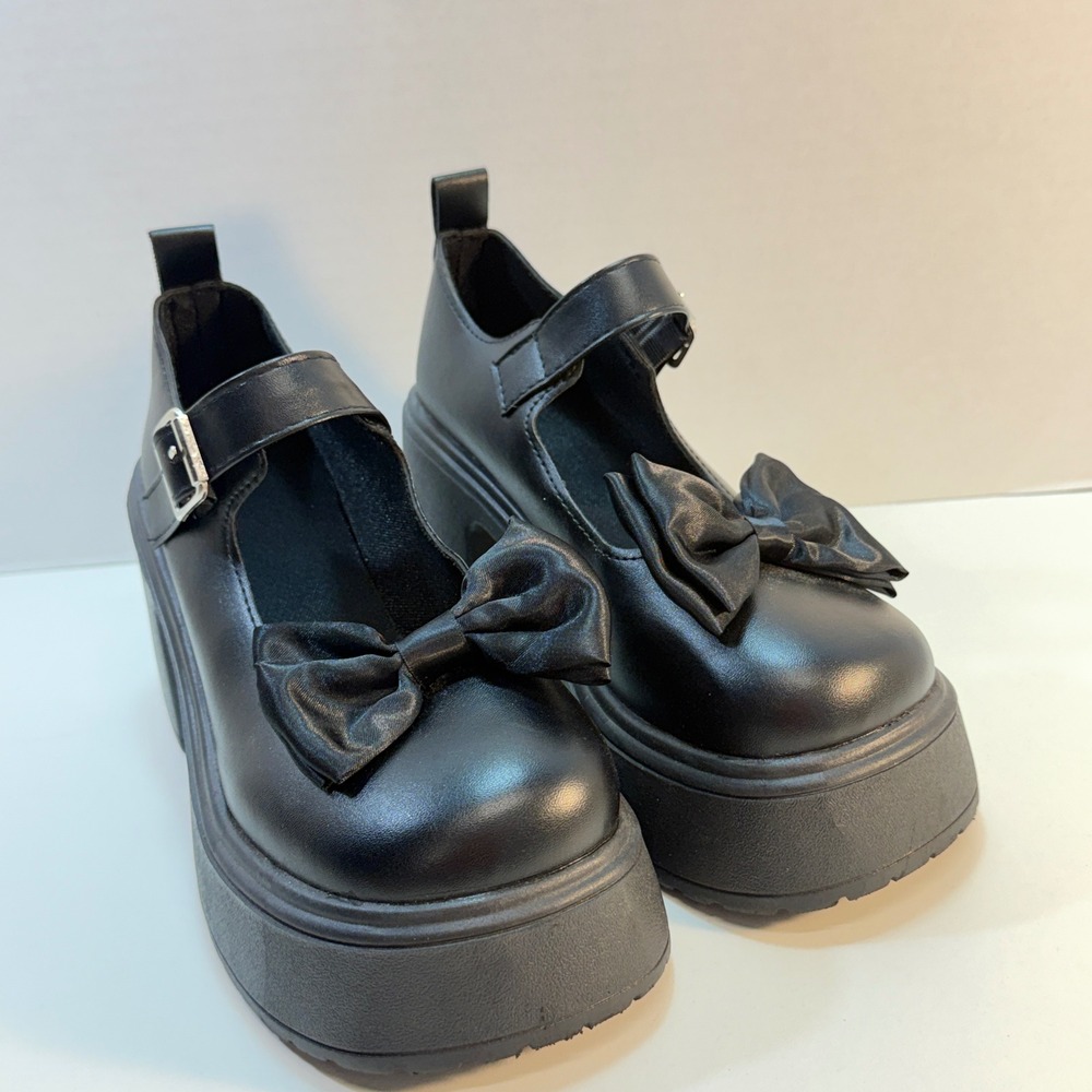 Mary Jane Shoes Women 38 Black Chunky Platform Bow Buckle Lug Sole Goth Coquette